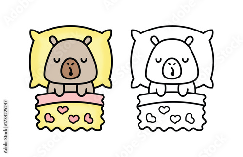 Cute Sleeping Hippopotamus, Cozy Animal vector illustration line art drawing, Cozy Sleeping Animal, Bold And Easy Animal Coloring Page, Printable Coloring, Bold Outline Illustrations, 
