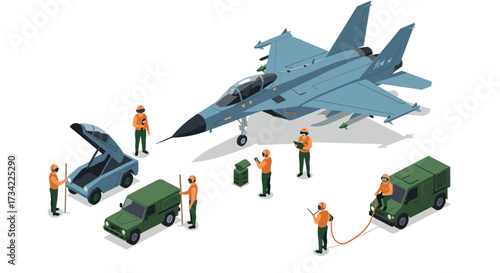 Isometric military maintenance scene with personnel, aircraft, and vehicles