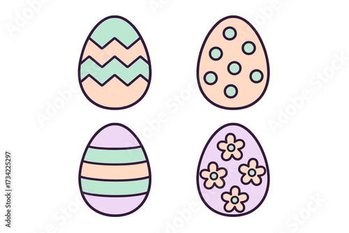 Set of four pastel colored decorated Easter eggs with different patterns for spring holiday celebration design