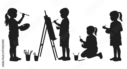 Children happily engaged in artistic expression with painting and drawing silhouette