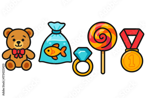 Group of diverse objects featuring a cuddly teddy bear pet goldfish sparkling diamond ring sweet lollipop and gold medal