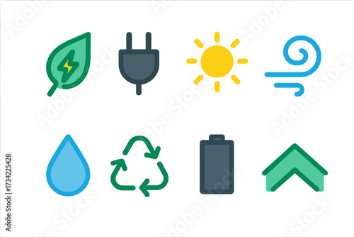 Modern flat design ecological and renewable energy symbols for environmental sustainability and green technology concepts