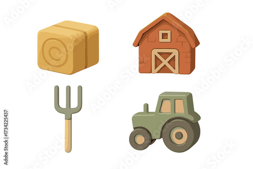 Set of stylized farm elements including barn hay bale tractor and pitchfork for agricultural themes