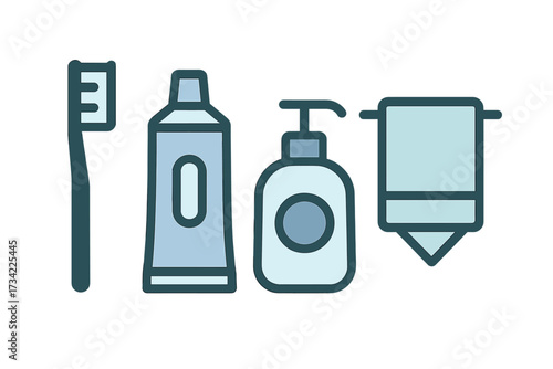 Collection of essential bathroom and personal hygiene items featuring a toothbrush, toothpaste tube, liquid soap dispenser, and a folded towel