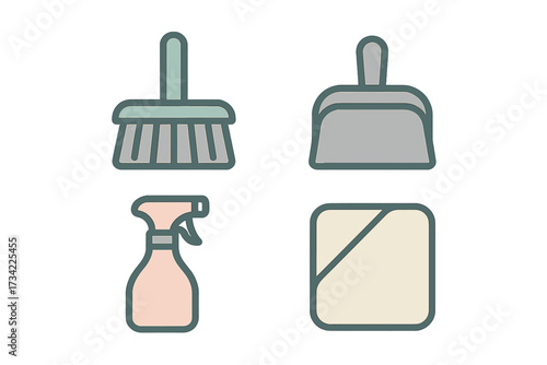 Essential household cleaning tools and supplies set featuring a brush, dustpan, spray bottle, and cloth for domestic hygiene