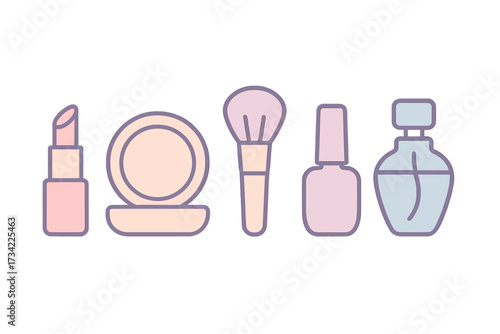 Pastel colored beauty essentials set with various cosmetic accessories including lipstick, compact powder, makeup brush, nail polish, and perfume
