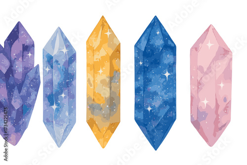 Vibrant collection of colorful cosmic magic crystals and sparkling gemstones with starry textures for spiritual and mystical designs on white background