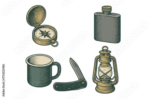 Vintage camping and outdoor adventure gear set with compass, flask, mug, knife, and lantern for wilderness exploration