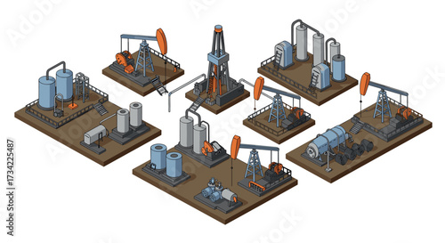 Isometric oil industry set with rigs, pumps, and storage in detailed design