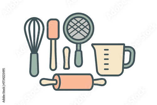 Essential kitchen baking tools and utensils for cooking and pastry preparation including whisk spatula rolling pin and measuring cup