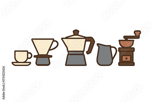 Assortment of coffee brewing and serving tools including grinder, moka pot, pour over, cup, and pitcher