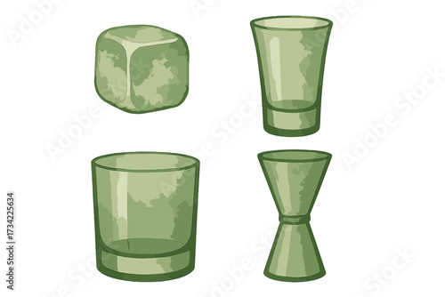 Collection of green watercolor style glassware and ice cube elements for various beverage and drink related designs
