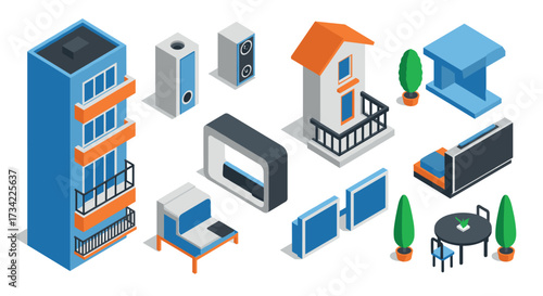Modern isometric building and furniture set with orange and blue accents