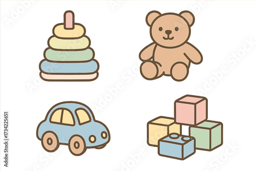 Collection of colorful children's toys including a teddy bear, stacking rings, toy car, and building blocks