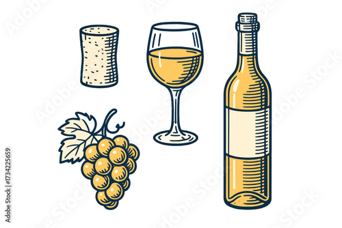 Classic white wine bottle, filled glass, natural cork, and fresh grapes for vineyard and celebration concepts