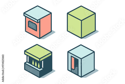 Isometric boxes and kiosks for various services including vending machines, bar counter, and storage units