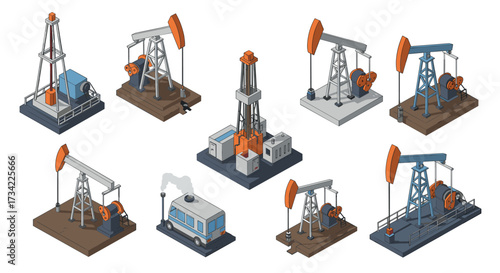Isometric oil pump jack and refinery elements set for industrial projects