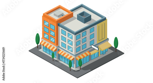 Isometric city building with trees and awnings on a sunny day