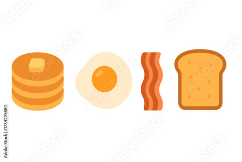 Delicious classic breakfast food items including fluffy pancakes, sunny side up egg, crispy bacon, and toasted bread slice