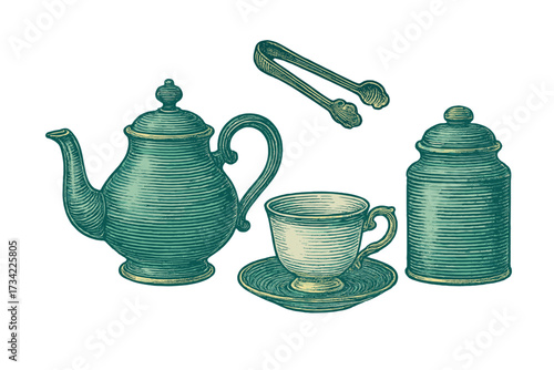 Classic Vintage Tea Set Collection with Teapot Teacup Sugar Bowl and Sugar Tongs in Engraved Style on White Background