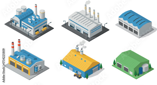Isometric industrial building set with factories and warehouses