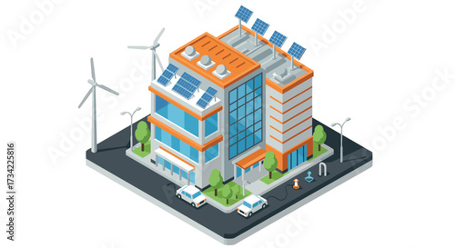 Sustainable energy building with solar panels and wind turbines in isometric style