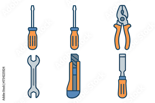 Assortment of common hand tools including screwdrivers, wrench, pliers, utility knife, and chisel