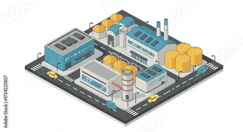 Isometric industrial complex with modern factories and infrastructure