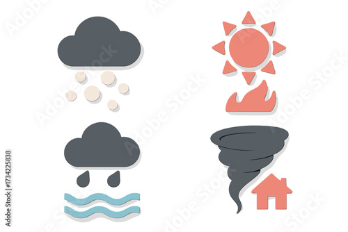 Climate change and extreme weather event symbols showing hail, fire, flood, and tornado impacting a house