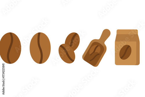 Stylized coffee beans, a scoop, and a packaging bag representing coffee culture and beverage ingredients