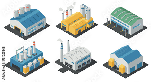 Isometric factory buildings collection with industrial structures and chimneys