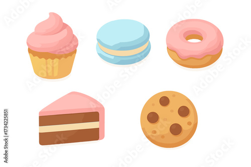 Delicious assortment of popular sweet desserts and baked goods featuring a cupcake macaron donut cake slice and chocolate chip cookie