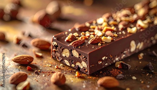 Close-up of Chocolate Bar with Nuts and Almonds on Wood Table