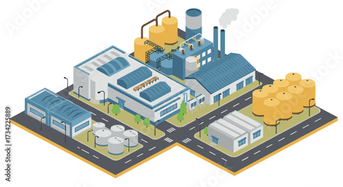 Isometric industrial complex with factories and storage tanks on crossroads