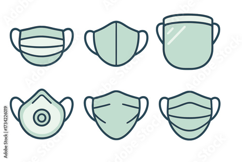 Collection of various protective face masks and medical shield for health safety, disease prevention, and air filtration
