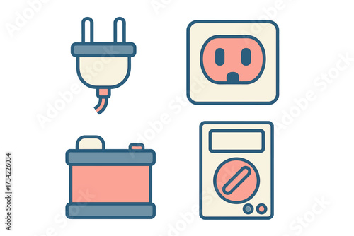 Electrical power plug, wall socket, car battery, and multimeter components for energy and measurement concepts