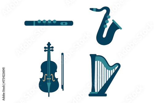 Assortment of musical instruments: flute, saxophone, string instrument, and harp, presented in a modern flat style