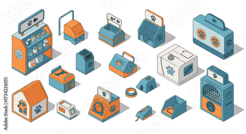 Isometric pet shop elements essential icons for animal care
