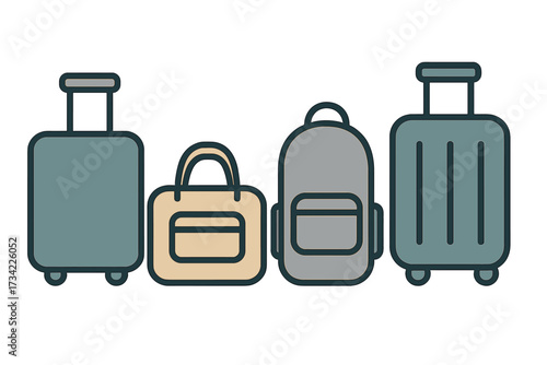 Diverse collection of travel luggage including rolling suitcases, duffel bag, and backpack for vacation or business trips