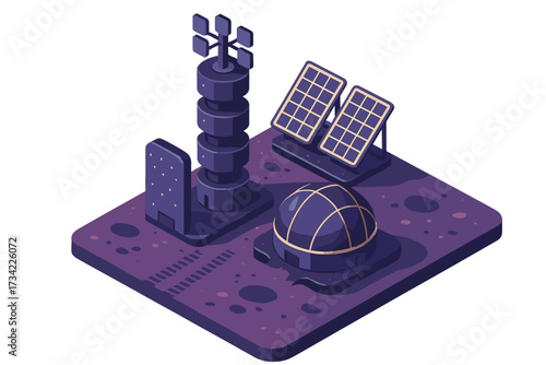 Futuristic space outpost with communication tower, solar panels, and geodesic dome on alien planet surface for scientific exploration
