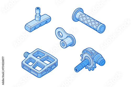 Essential bicycle components collection: pedal, grip, chain link, and crankset for repair and assembly