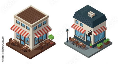 Charming isometric cafes with outdoor seating and red striped awnings