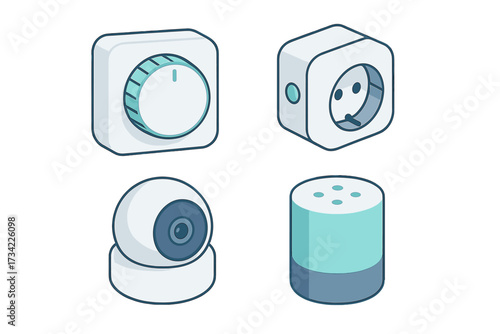 Modern smart home devices including dimmer switch, smart plug, security camera, and intelligent speaker for automation
