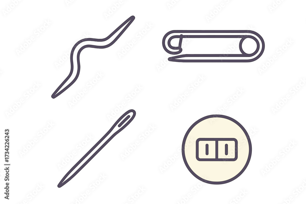 Obraz premium Sewing kit essentials with needle, thread, safety pin, and button icons for craft and textile projects