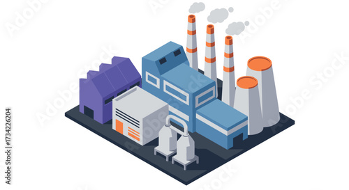Isometric industrial factory scene with blue and purple buildings and smokestacks
