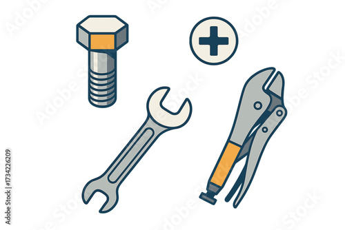 Collection of essential hand tools and hardware items like a bolt, wrench, and locking pliers for repair and maintenance tasks