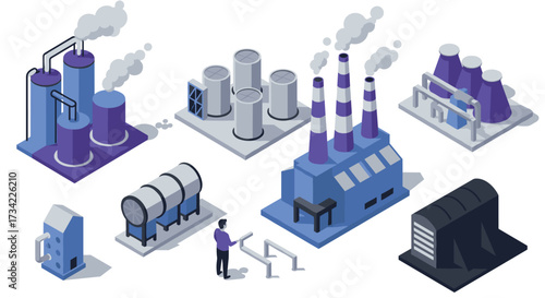 Isometric industrial complex with factories and equipment in flat design
