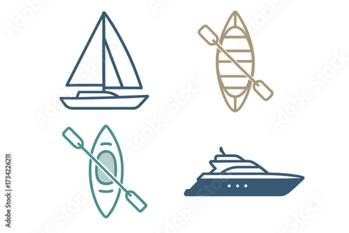 Diverse collection of water transportation and recreation vessels featuring a classic sailboat, traditional canoe, modern kayak, and luxurious yacht