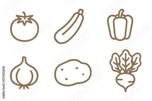 Fresh vegetable outline collection featuring tomato, zucchini, pepper, onion, potato, and beet for healthy cooking