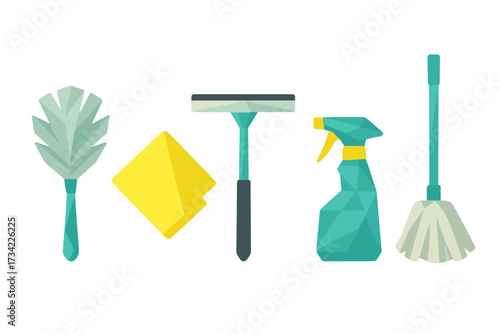 Household cleaning supplies assortment with duster, microfiber cloth, window squeegee, spray, and floor mop for home sanitation